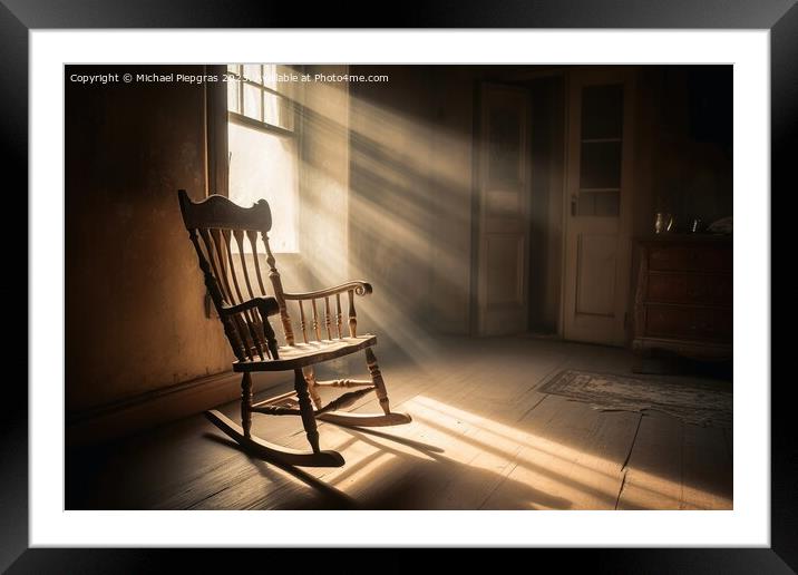 An old wooden rocking chair in a dusty vintage room with light b Framed Mounted Print by Michael Piepgras