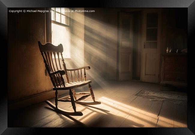 An old wooden rocking chair in a dusty vintage room with light b Framed Print by Michael Piepgras