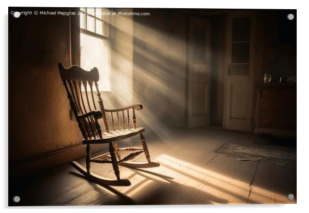 An old wooden rocking chair in a dusty vintage room with light b Acrylic by Michael Piepgras