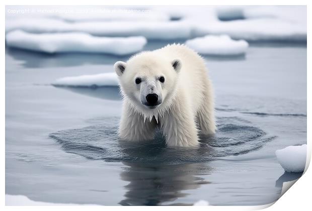 Baby polar bear on melting ice created with generative AI techno Print by Michael Piepgras
