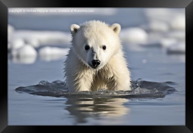 Baby polar bear on melting ice created with generative AI techno Framed Print by Michael Piepgras