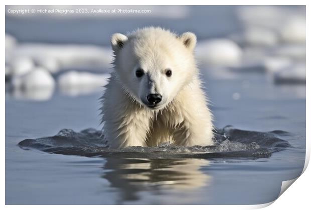 Baby polar bear on melting ice created with generative AI techno Print by Michael Piepgras