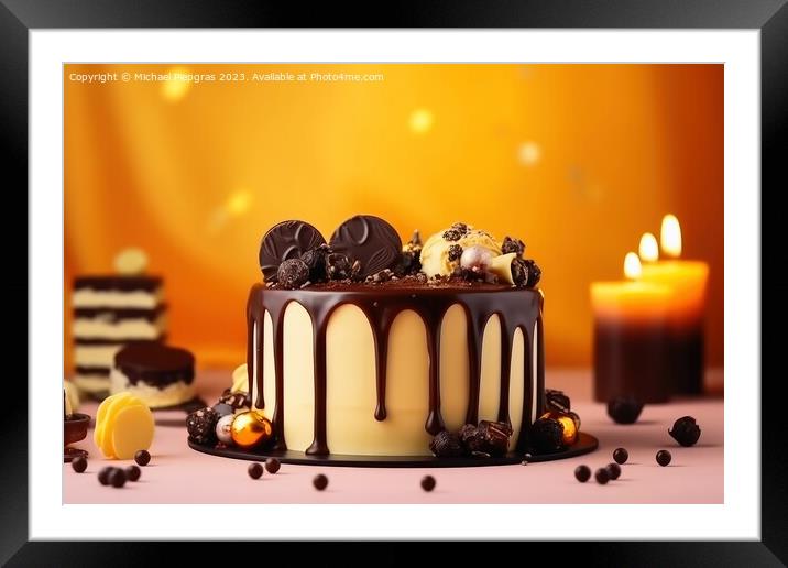 Birthday cake with pouring chocolate on a yellow background crea Framed Mounted Print by Michael Piepgras