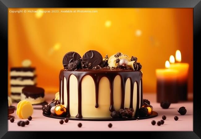Birthday cake with pouring chocolate on a yellow background crea Framed Print by Michael Piepgras