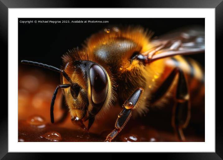Close up of a bee on honey created with generative AI technology Framed Mounted Print by Michael Piepgras