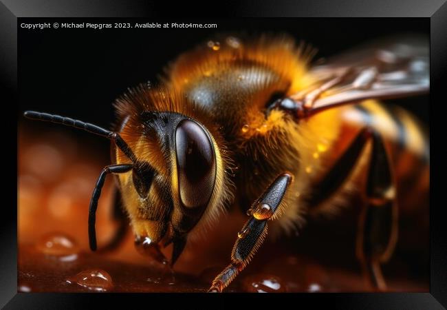 Close up of a bee on honey created with generative AI technology Framed Print by Michael Piepgras