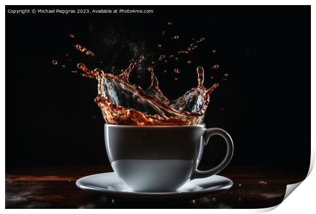 Coffee splashing in a coffee cup created with generative AI tech Print by Michael Piepgras