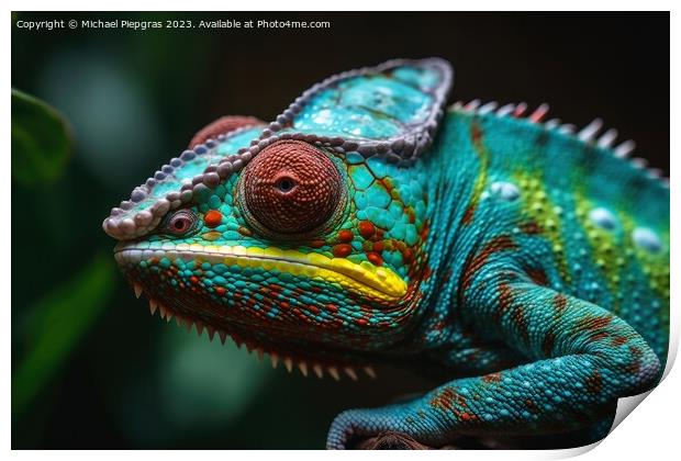 Colorful chameleon close up created with generative AI technolog Print by Michael Piepgras