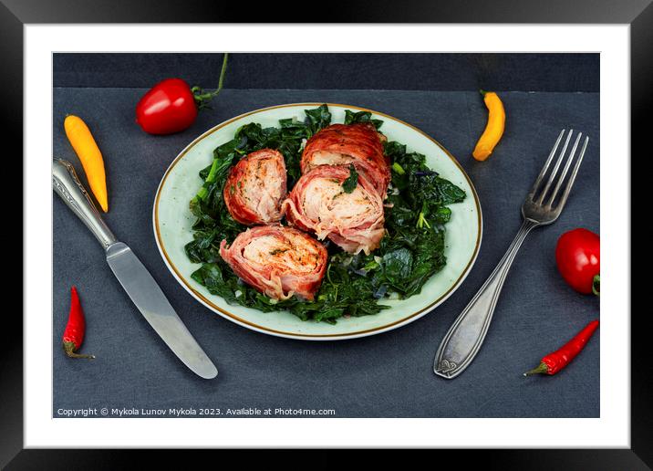 Chicken breasts roll and fried spinach. Framed Mounted Print by Mykola Lunov Mykola