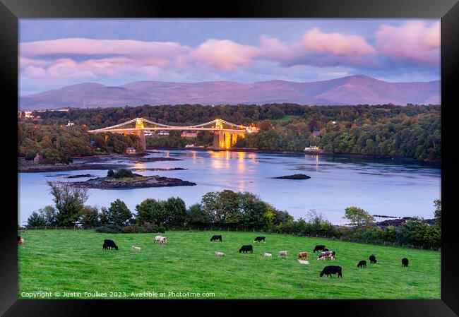 Menai bridge at night, Anglesey, Wales Framed Print by Justin Foulkes