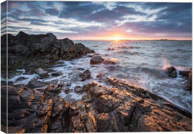 Breaking Waves at Sunset, Kirkcudbright, Scotland Canvas Print by Fraser Duff