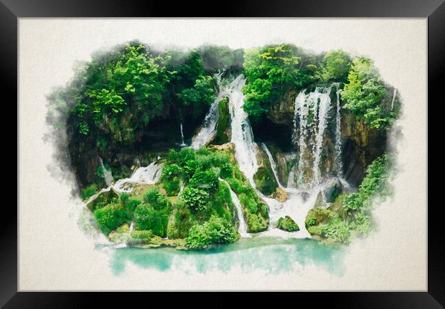 Watercolor of waterfall in the forest Framed Print by youri Mahieu