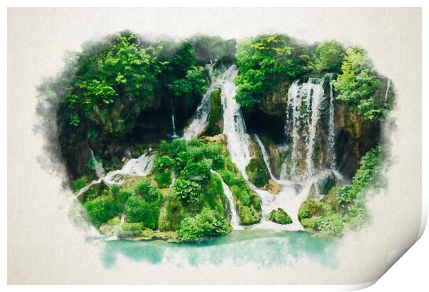 Watercolor of waterfall in the forest Print by youri Mahieu