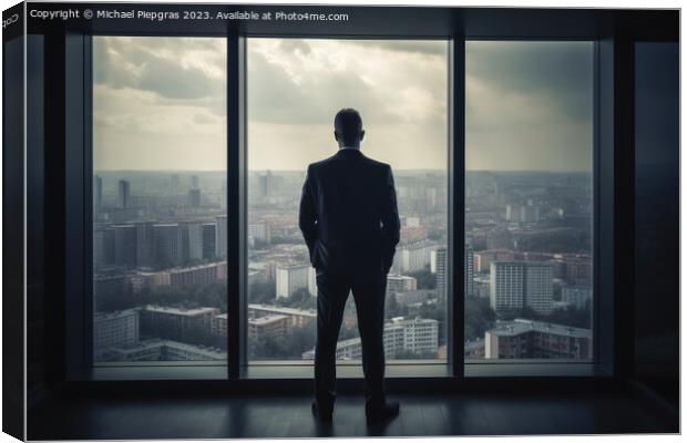 A businessman seen from behind is looking out of an office windo Canvas Print by Michael Piepgras