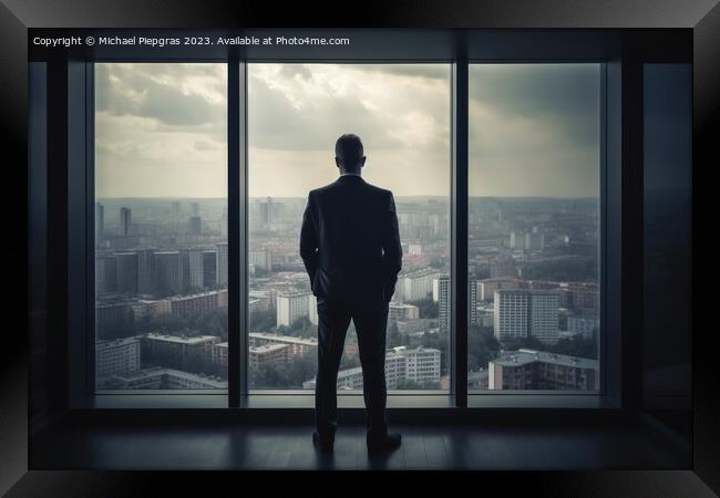 A businessman seen from behind is looking out of an office windo Framed Print by Michael Piepgras