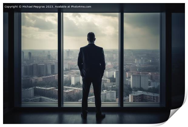 A businessman seen from behind is looking out of an office windo Print by Michael Piepgras