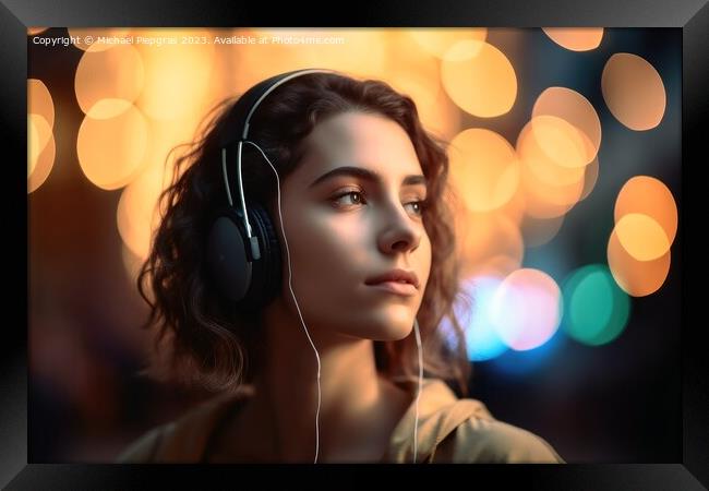 A Woman listening to music created with generative AI technology Framed Print by Michael Piepgras