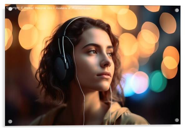 A Woman listening to music created with generative AI technology Acrylic by Michael Piepgras