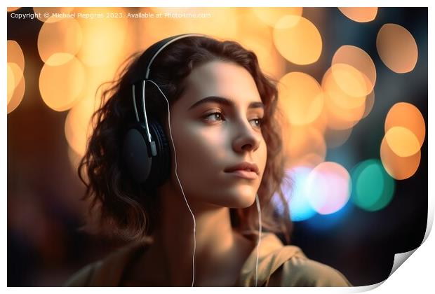 A Woman listening to music created with generative AI technology Print by Michael Piepgras