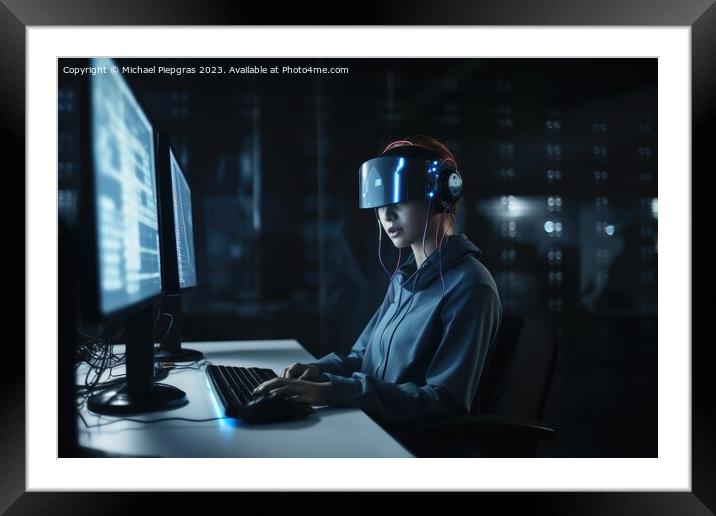 An office worker using artificial intelligence created with gene Framed Mounted Print by Michael Piepgras