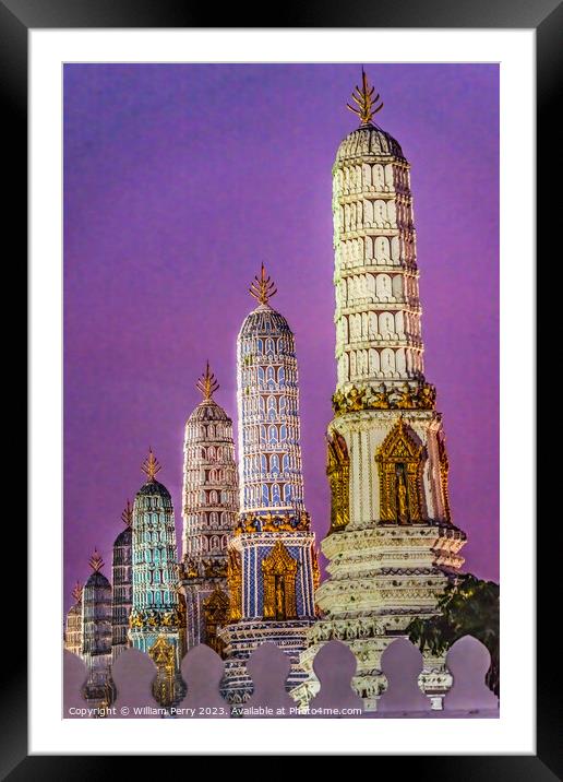 Sunset Prangs Towers Old Temple Grand Palace Bangk Framed Mounted Print by William Perry