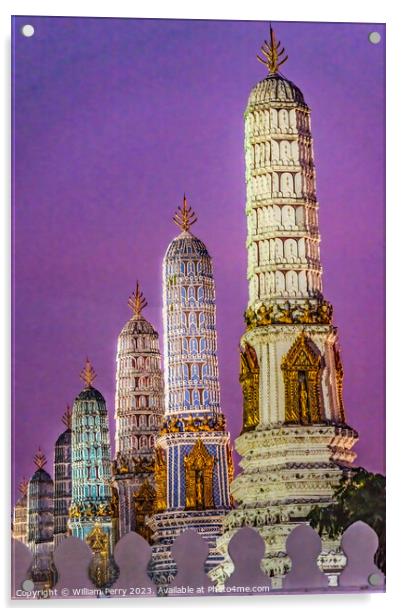 Sunset Prangs Towers Old Temple Grand Palace Bangk Acrylic by William Perry