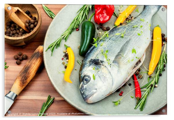 Fresh dorado fish on a plate Acrylic by Mykola Lunov Mykola