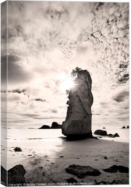 Cathedral Cove, New Zealand, in sepia Canvas Print by Justin Foulkes