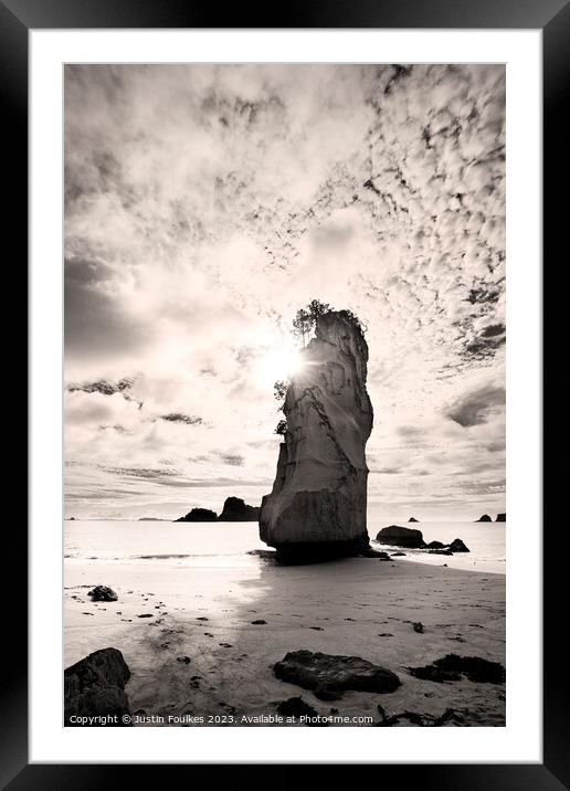 Cathedral Cove, New Zealand, in sepia Framed Mounted Print by Justin Foulkes