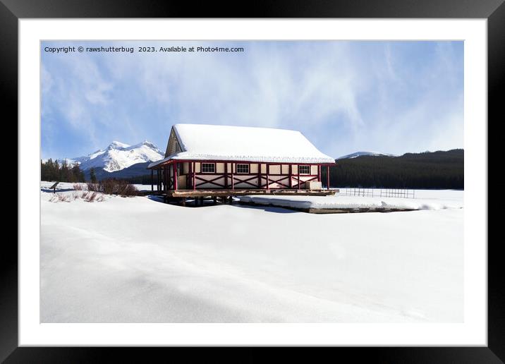Snowy Maligne Lake Boat House Framed Mounted Print by rawshutterbug 