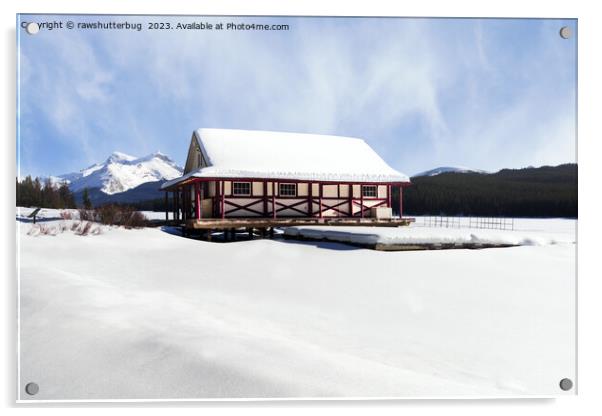Snowy Maligne Lake Boat House Acrylic by rawshutterbug 