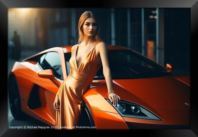 A sexy woman in an elegant dress standing next to a sports car c Framed Print by Michael Piepgras