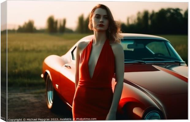 A sexy woman in an elegant dress standing next to a sports car c Canvas Print by Michael Piepgras