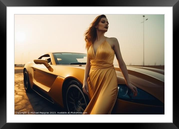 A sexy woman in an elegant dress standing next to a sports car c Framed Mounted Print by Michael Piepgras