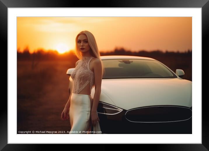 A sexy woman in an elegant dress standing next to a sports car c Framed Mounted Print by Michael Piepgras