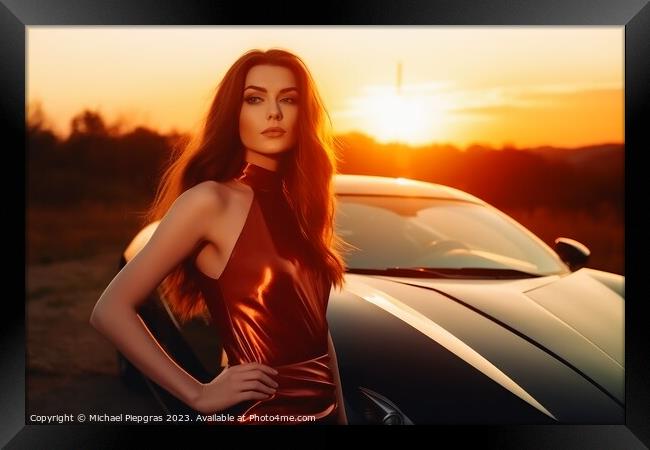 A sexy woman in an elegant dress standing next to a sports car c Framed Print by Michael Piepgras