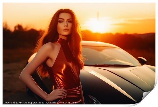 A sexy woman in an elegant dress standing next to a sports car c Print by Michael Piepgras