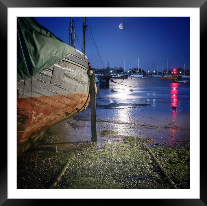 Moon down over the Brightlingsea herarige smack dock  Framed Mounted Print by Tony lopez