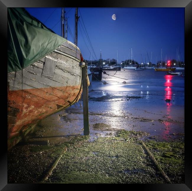 Moon down over the Brightlingsea herarige smack dock  Framed Print by Tony lopez