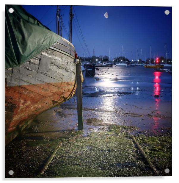 Moon down over the Brightlingsea herarige smack dock  Acrylic by Tony lopez