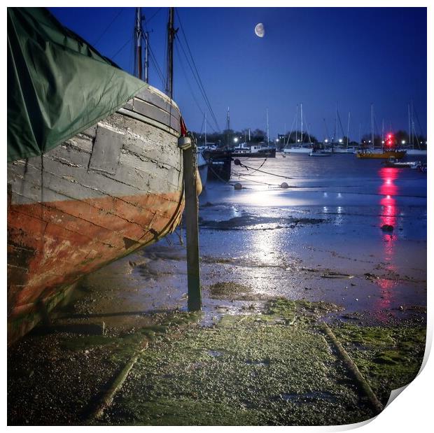 Moon down over the Brightlingsea herarige smack dock  Print by Tony lopez