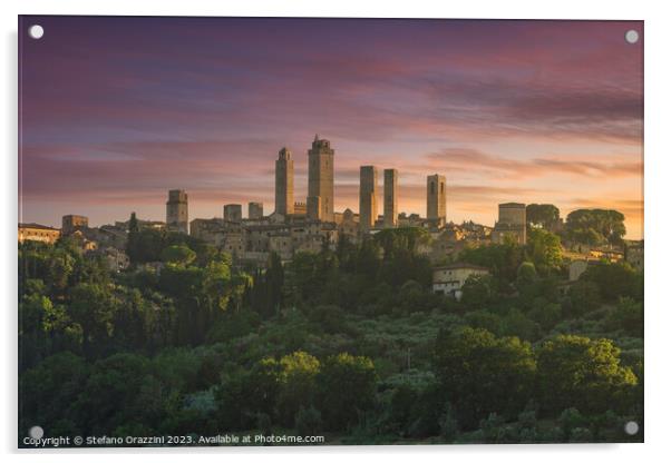 The towers of the village of San Gimignano at sunset. Tuscany, Italy Acrylic by Stefano Orazzini