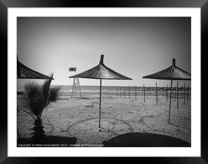 Beach Parasols on Durres Beach. Framed Mounted Print by Elaine Anne Baxter