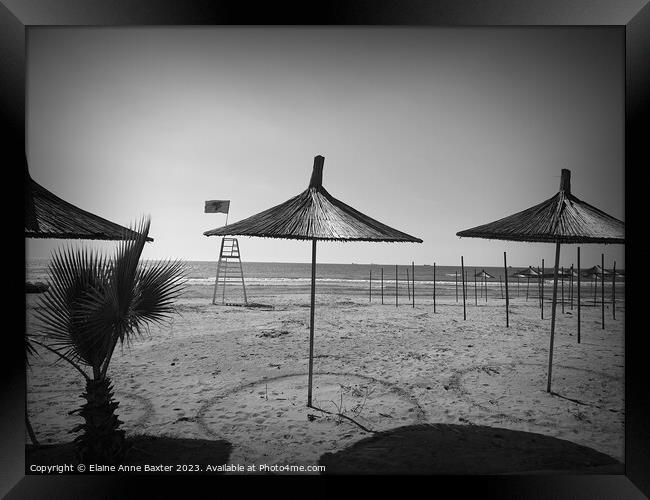 Beach Parasols on Durres Beach. Framed Print by Elaine Anne Baxter