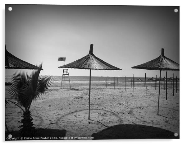 Beach Parasols on Durres Beach. Acrylic by Elaine Anne Baxter