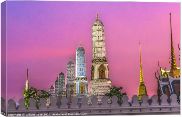Sunset Prangs Towers Old Temple Grand Palace Bangkok Thailand Canvas Print by William Perry