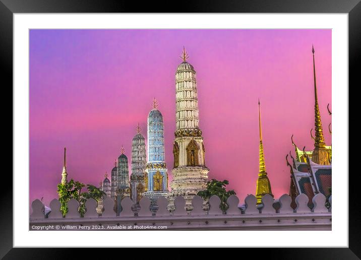 Sunset Prangs Towers Old Temple Grand Palace Bangkok Thailand Framed Mounted Print by William Perry