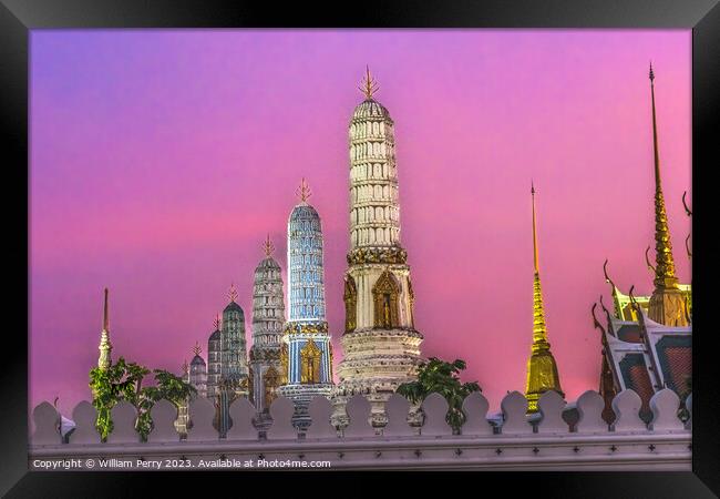 Sunset Prangs Towers Old Temple Grand Palace Bangkok Thailand Framed Print by William Perry