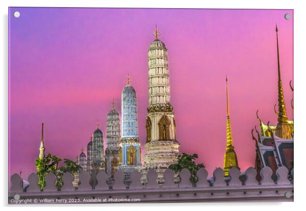 Sunset Prangs Towers Old Temple Grand Palace Bangkok Thailand Acrylic by William Perry