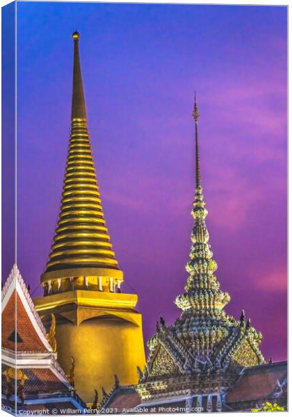 Sunset Stupas Towers Old Temple Grand Palace Bangkok Thailand Canvas Print by William Perry
